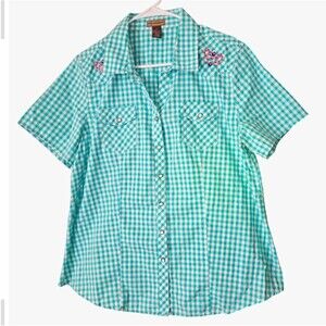 Bit & Bridle Women's Short Sleeve Shirt Blue Plaid, Pearl Snaps, Size XL